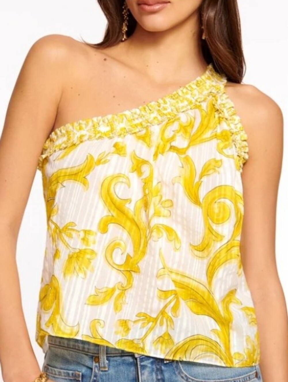 Ramy Brook Size L One Shoulder Ruffle Sleeveless Floral Blouse White Yellow